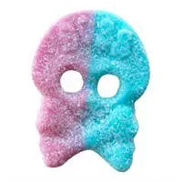 A pink and blue skull-shaped gummy candy with a sugar coating.