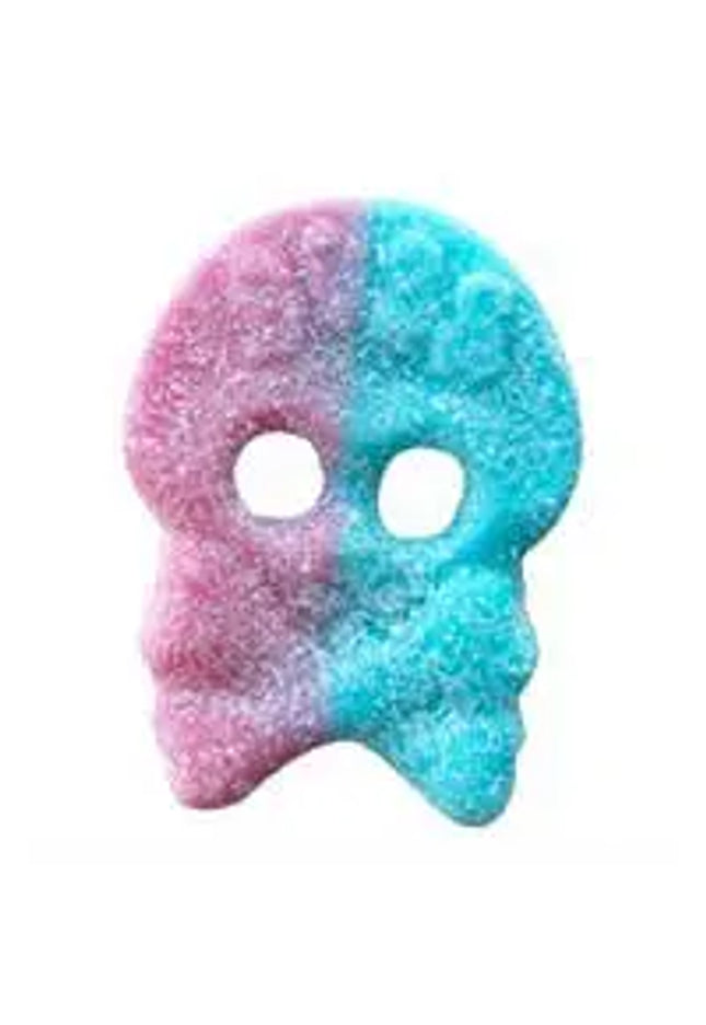 A pink and blue skull-shaped gummy candy with a sugar coating.
