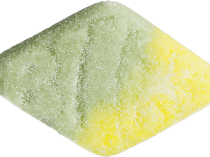 A green and yellow sugar-coated candy.