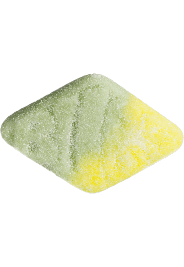 A green and yellow sugar-coated candy.