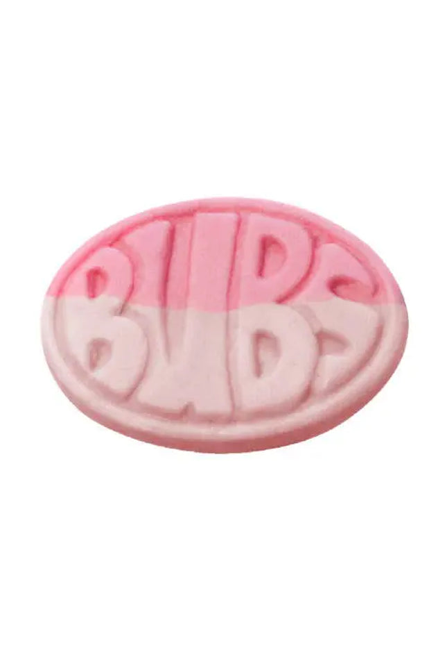 Pink oval candy with the word ‘BUBS’ embossed on it twice.