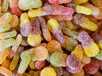 Colorful gummy candies coated in sugar.