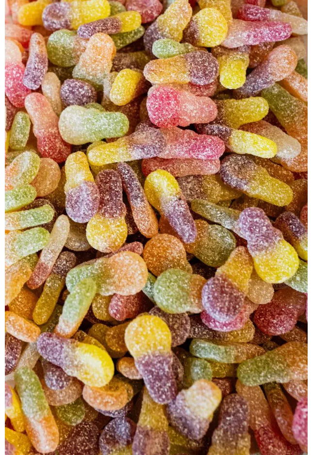 Colorful gummy candies coated in sugar.