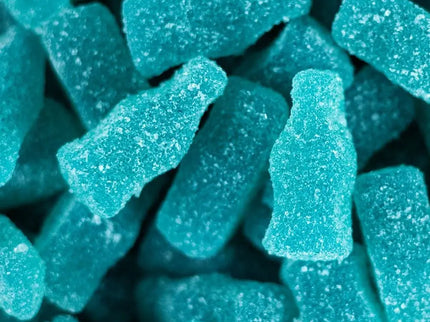 Blue gummy candies shaped like soda bottles.
