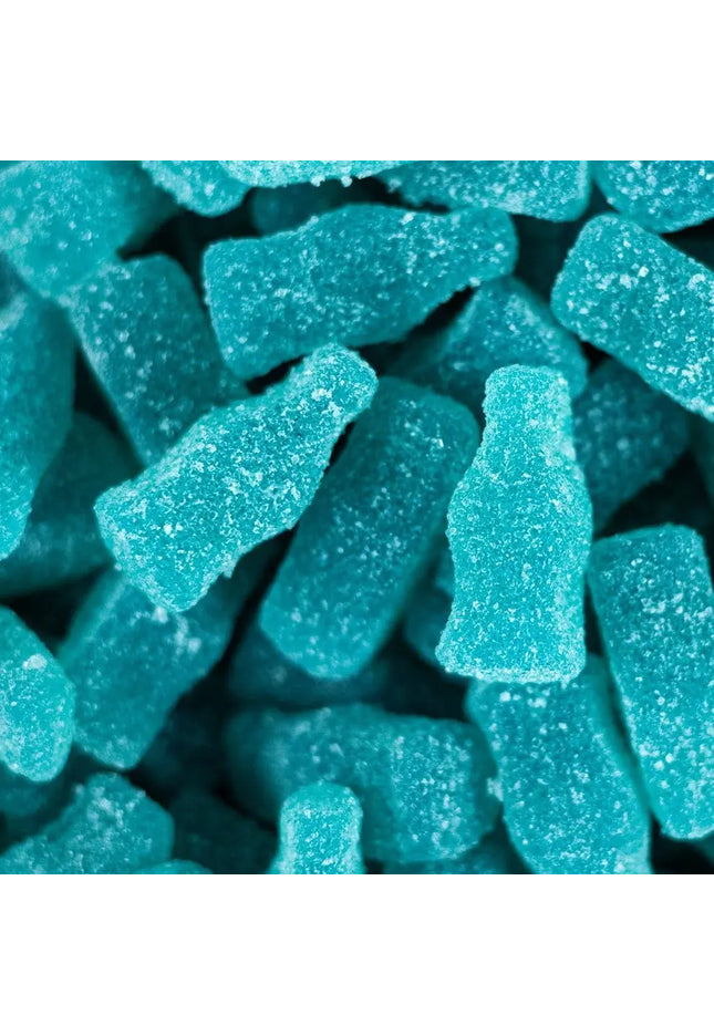 Blue gummy candies shaped like soda bottles.