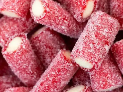 Red gummy candy tubes filled with white cream.