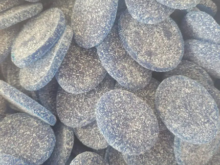 Blue sugar-coated candy discs.