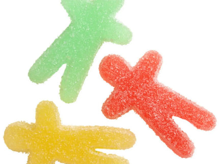 Three colorful gummy bear-shaped candies on a white background.