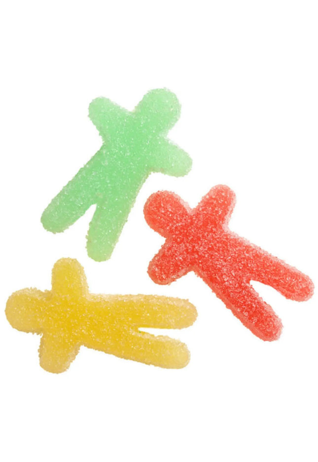 Three colorful gummy bear-shaped candies on a white background.