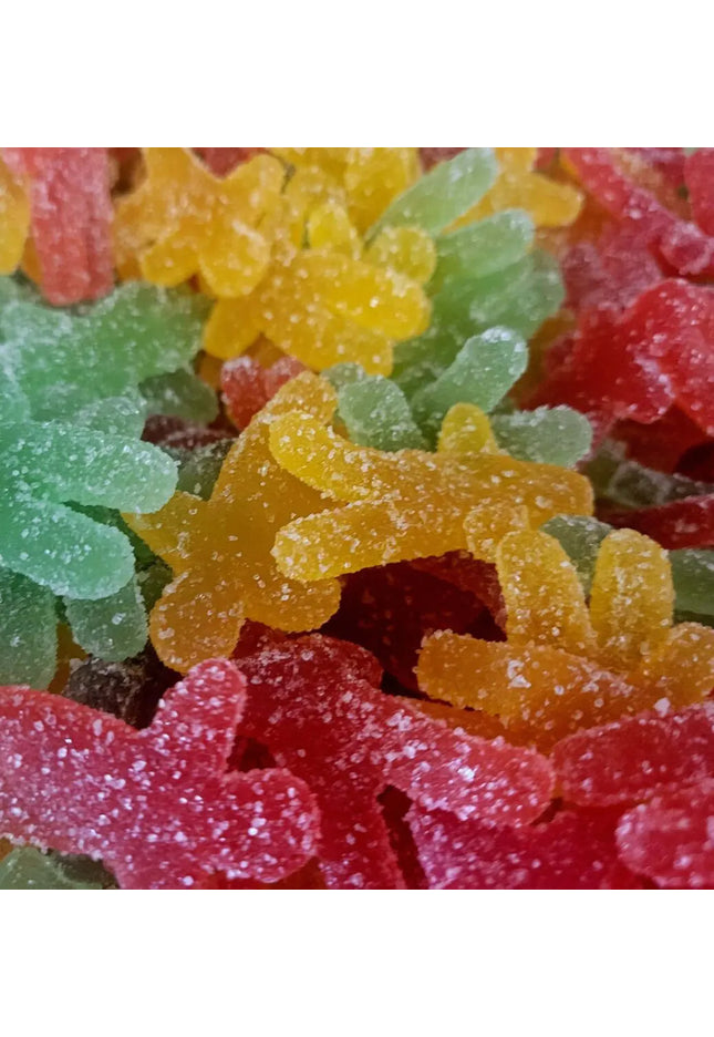 Colorful gummy candies covered in sugar.